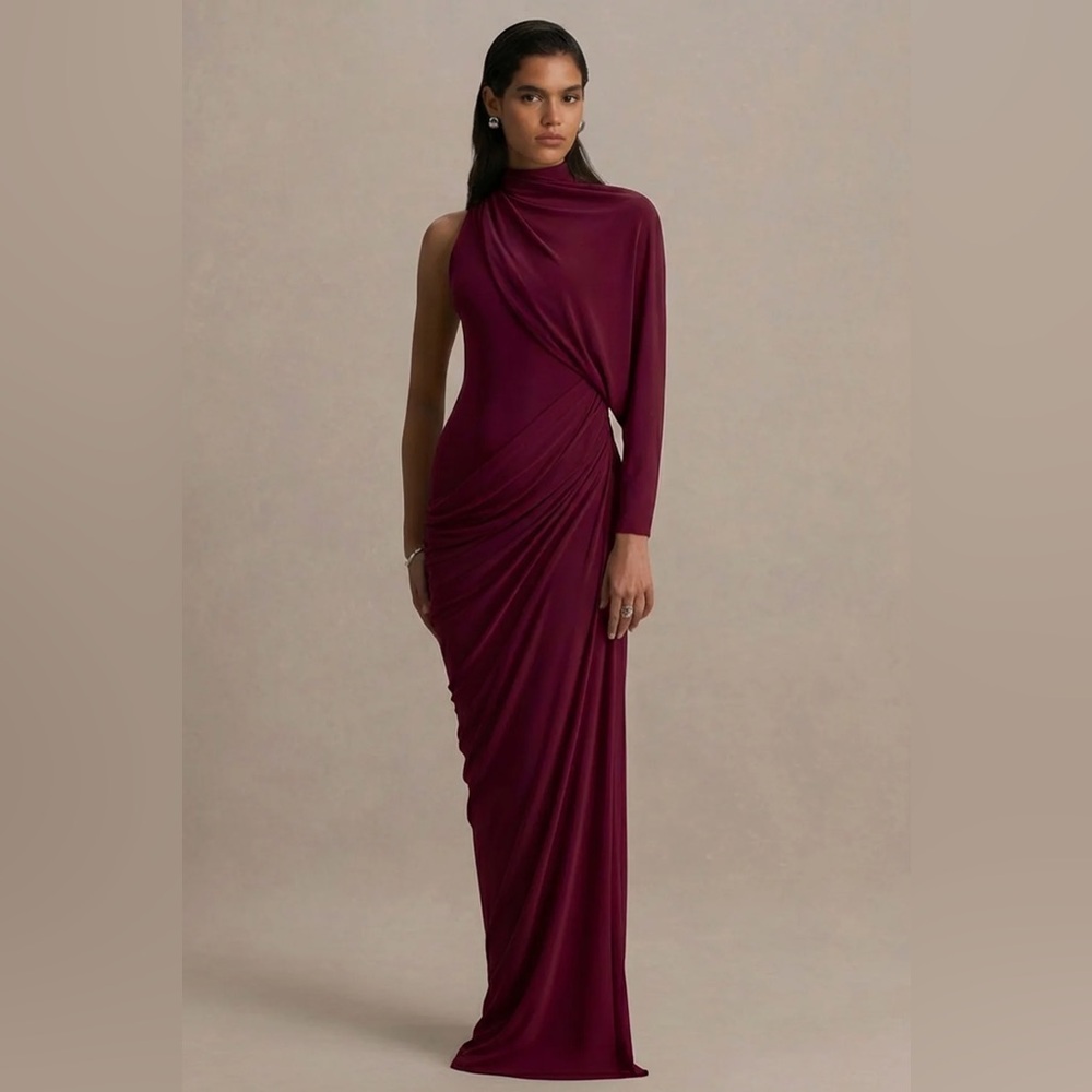 Elegant One-Shoulder Burgundy Evening Dress - Picture 5 of 7